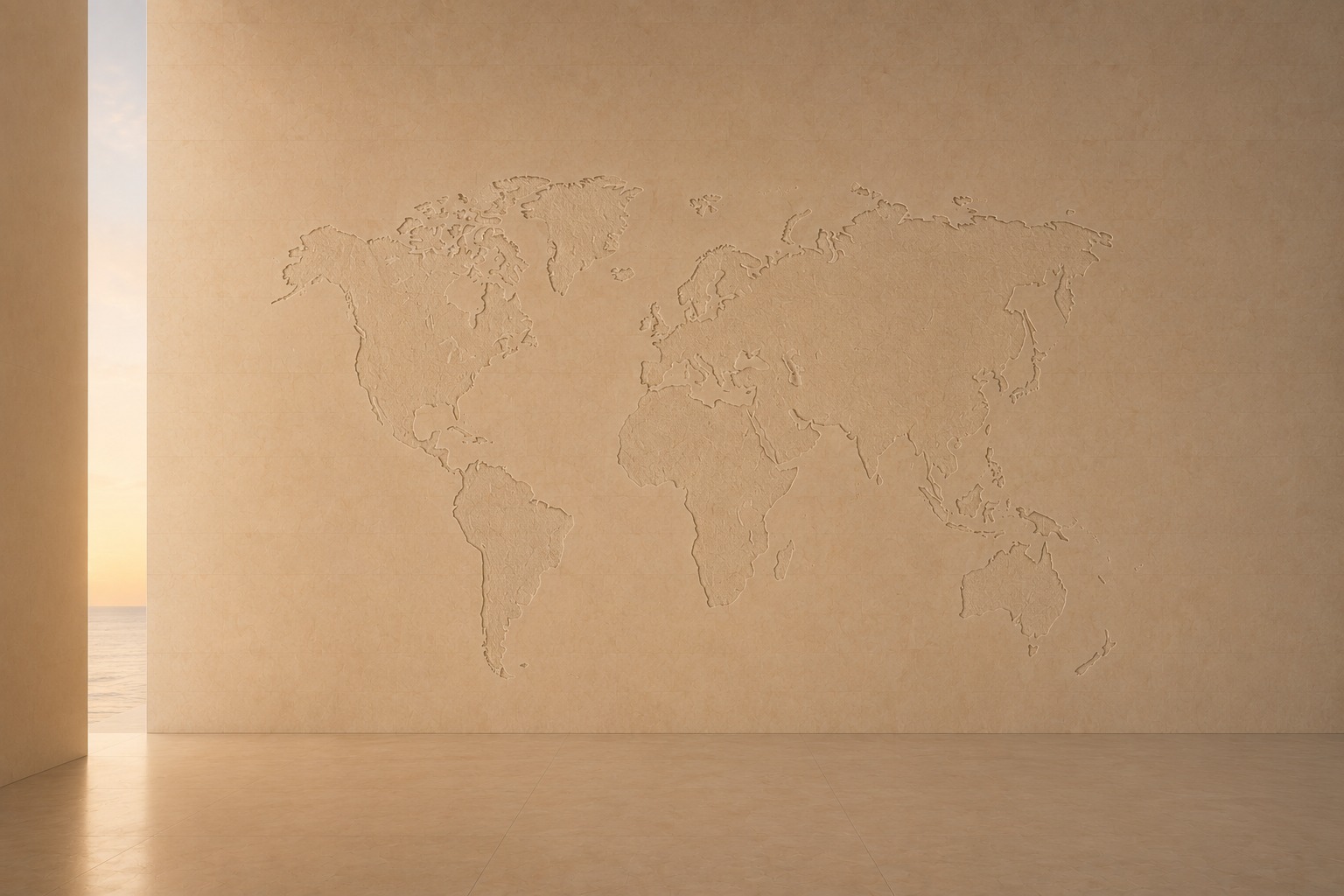 Relief world map carved into a stone wall
