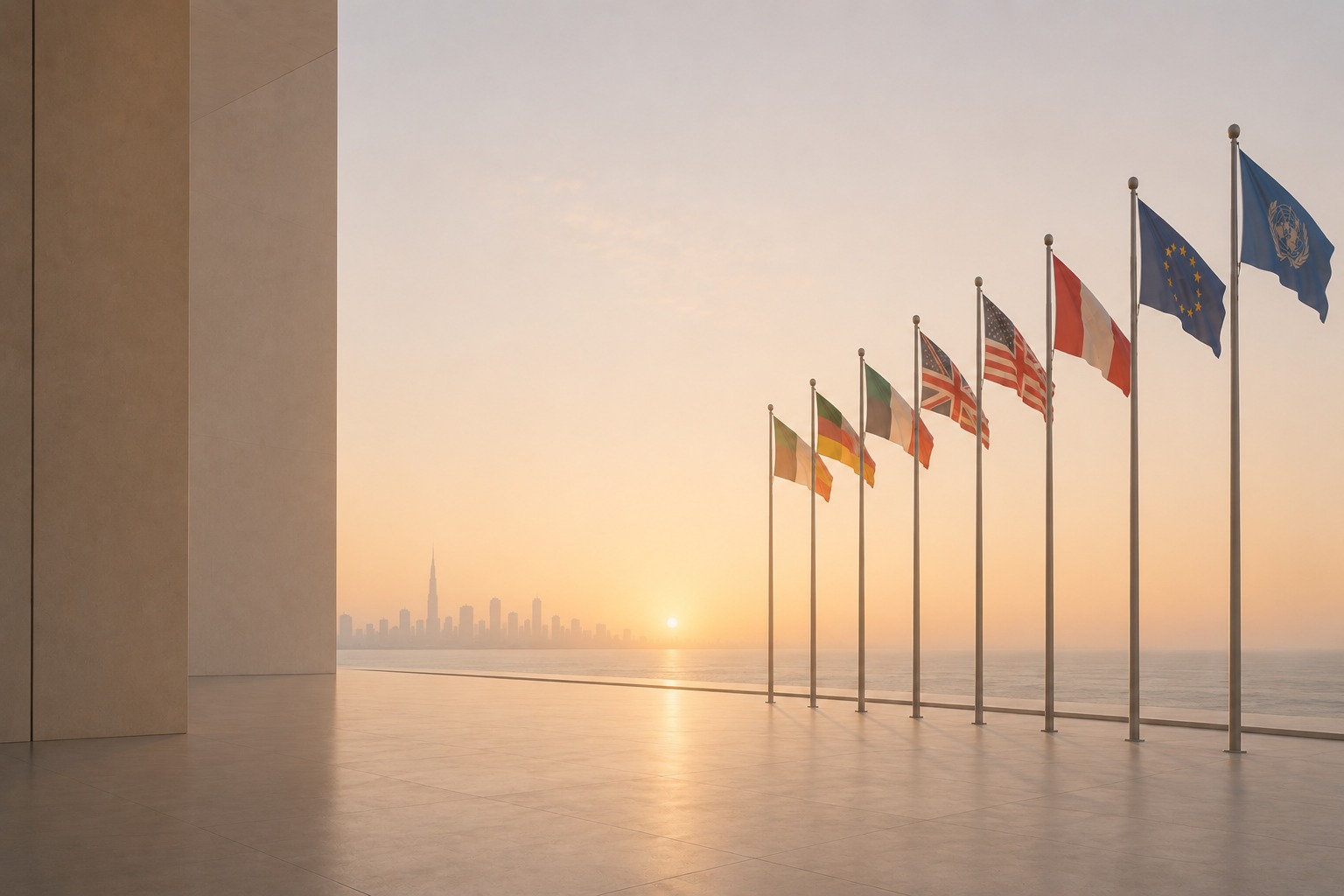 Flags of member jurisdictions at sunrise